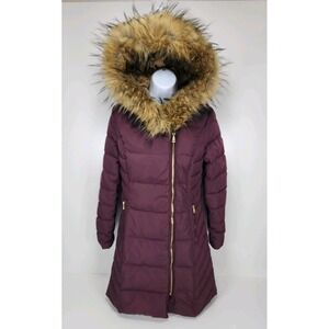 Cole Haan Signature Coat Women's S Down Puffer Faux Fur Asymmetrical Zip Merlot